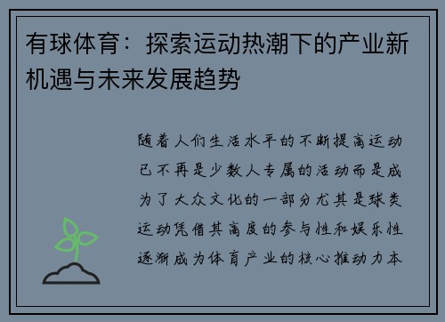 有球体育：探索运动热潮下的产业新机遇与未来发展趋势